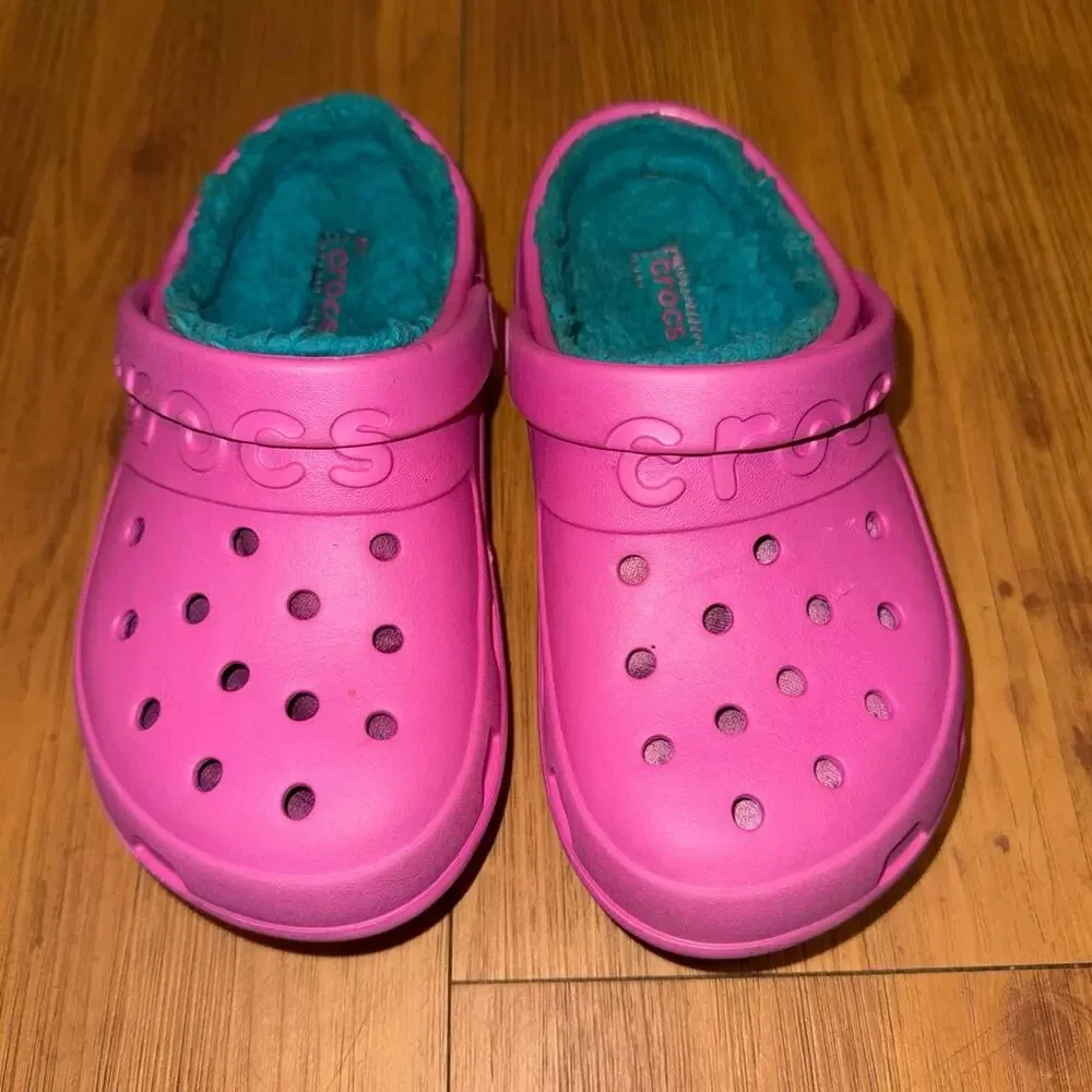 Crocs Classic Lined Clogs Kids J1 Pink Teal Fuzzy Lined Slip On Shoes
